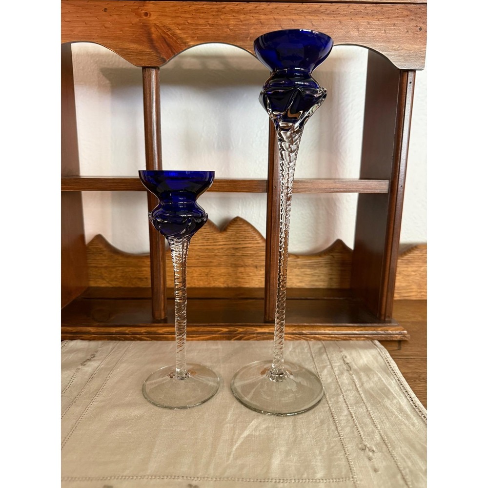 Vintage Romanian Cobalt Blue Glass Candlestick Holders Set of 2